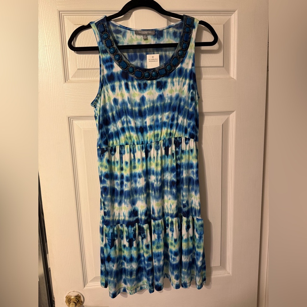NY Collection Blue beaded Neck tie dye tiered Dress NWT Size PM